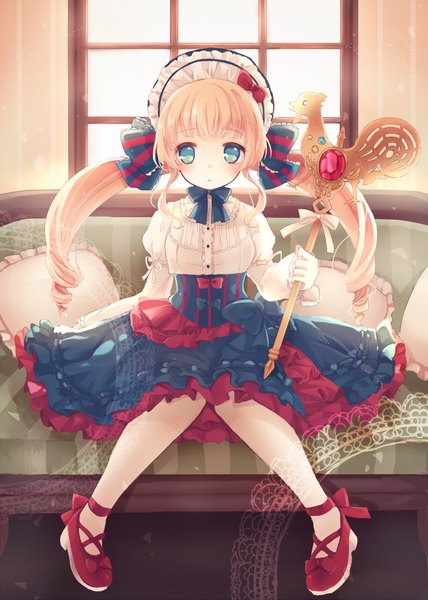 Anime picture 714x1000 with original karunabaru single long hair tall image looking at viewer blue eyes blonde hair sitting twintails drill hair girl dress bow hair bow bonnet couch