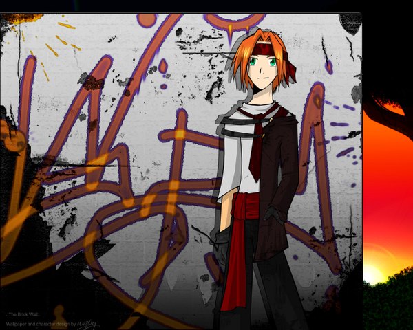 Anime picture 1280x1024 with original wapy single short hair smile standing green eyes signed outdoors orange hair hand in pocket against wall graffiti boy gloves black gloves hairband wall