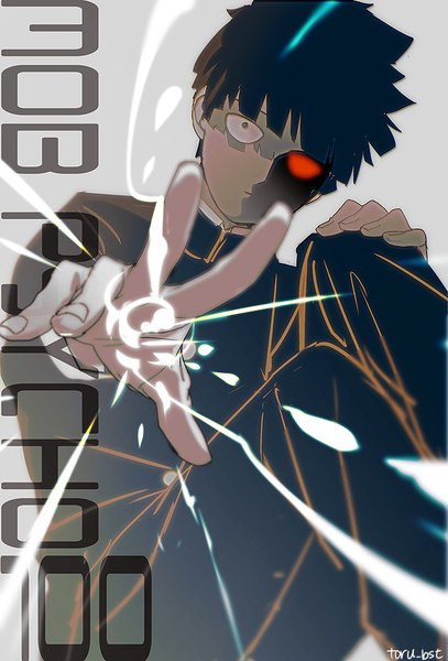 Anime picture 627x924 with mob psycho 100 studio bones kageyama shigeo sumi tooru single tall image looking at viewer fringe short hair black hair simple background signed grey background copyright name glowing shaded face glowing eye (eyes) outstretched hand boy uniform