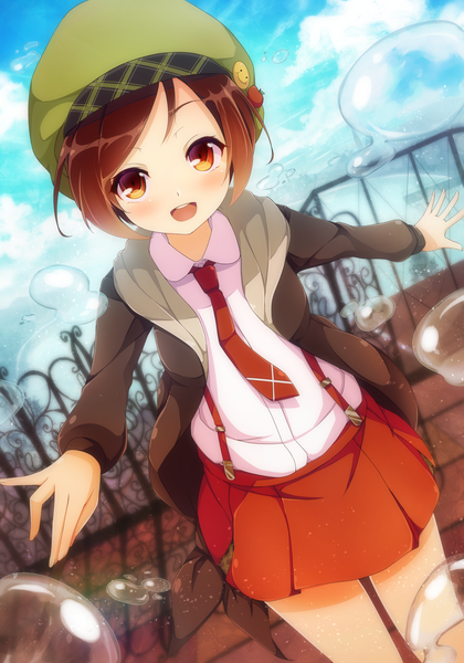 Anime picture 1750x2500 with original dennryuurai single tall image looking at viewer blush highres short hair open mouth brown hair sky cloud (clouds) open clothes open jacket orange eyes girl skirt hat necktie jacket