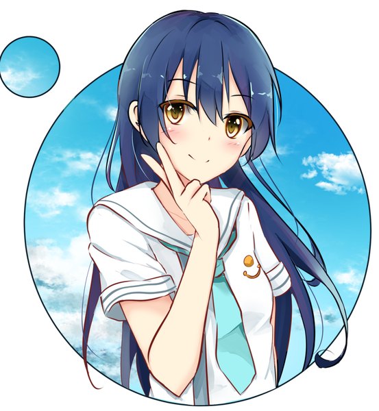 Anime picture 955x1036 with love live! school idol project sunrise (studio) love live! sonoda umi kurottari single long hair tall image looking at viewer blush fringe smile hair between eyes yellow eyes blue hair sky cloud (clouds) victory girl uniform