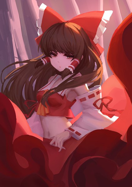Anime picture 900x1273 with touhou hakurei reimu youxuemingdie single long hair tall image looking at viewer blush fringe brown hair bare shoulders brown eyes payot :o girl skirt navel bow hair bow detached sleeves