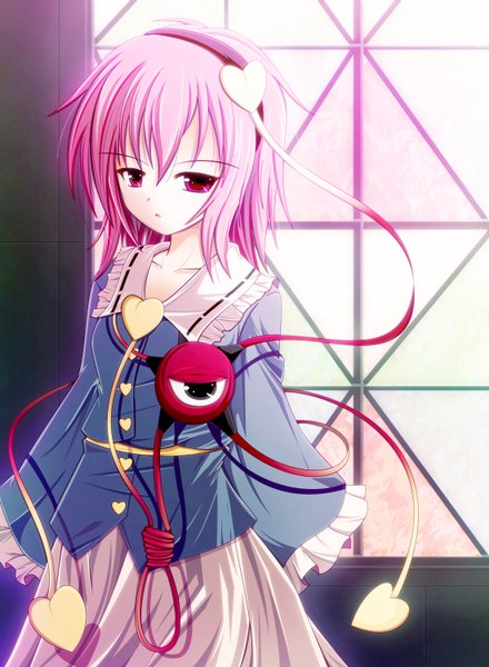 Anime picture 2200x3000 with touhou komeiji satori nekoman (nukomann) single tall image looking at viewer highres short hair open mouth pink hair pink eyes :o eyes girl window hairband