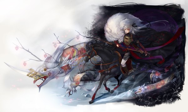 Anime picture 1600x956 with original pixiv fantasia pixiv fantasia v kyoka hatori long hair wide image white background white hair mouth hold ghost boy ribbon (ribbons) weapon hair ribbon animal fur branch bow (weapon) arrow (arrows) horse