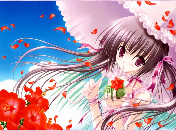 Anime picture 4875x3639 with tinker bell long hair highres red eyes brown hair absurdres nail polish loli girl flower (flowers) petals umbrella