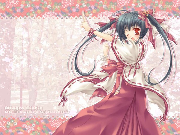 Anime picture 1280x960 with original takano yuki (allegro mistic) long hair blush open mouth black hair red eyes twintails ahoge japanese clothes one eye closed wink wallpaper miko girl bow hair bow