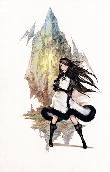 Anime picture 1500x2328 with bravely default: flying fairy square enix agnes oblige yoshida akihiko single long hair tall image looking at viewer brown hair standing white background parted lips wind black eyes girl dress gloves black gloves hairband fur