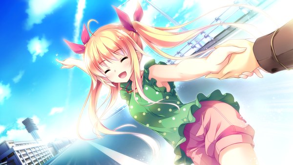 Anime picture 1920x1080 with ojousama wa gokigen naname hibiki otoha long hair highres open mouth blonde hair wide image twintails game cg cloud (clouds) eyes closed girl bow hair bow