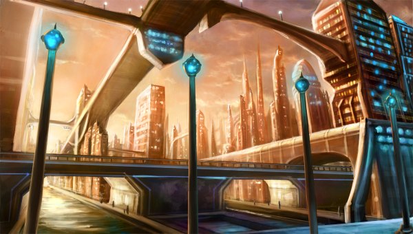 Anime picture 1200x680 with original alayna (artist) wide image city evening sunset cityscape bridge