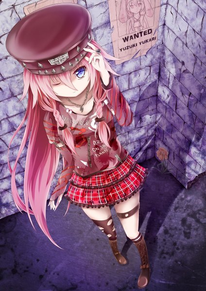 Anime picture 1028x1454 with vocaloid ia (vocaloid) yuzuki yukari dying0414 single long hair tall image blue eyes pink hair braid (braids) one eye closed wink shadow twin braids girl thighhighs skirt flower (flowers) boots pendant