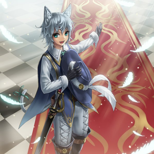 Anime picture 1000x1000 with original mismi single fringe short hair open mouth blue eyes standing holding animal ears tail animal tail grey hair cat ears cat tail happy girl gloves ribbon (ribbons) weapon