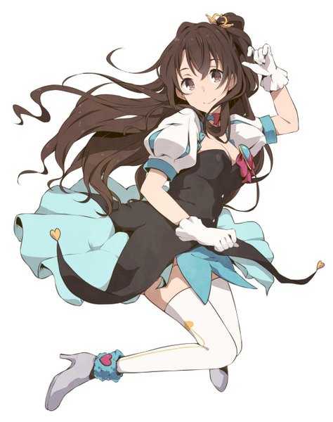 Anime picture 1023x1295 with idolmaster idolmaster cinderella girls shimamura uzuki haine single long hair tall image looking at viewer fringe simple background smile brown hair white background brown eyes cleavage high heels puffy sleeves one side up jumping star!!