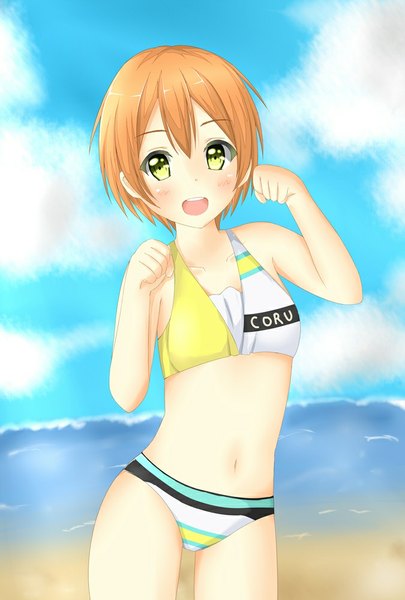 Anime picture 675x1000 with love live! school idol project sunrise (studio) love live! hoshizora rin tear yu single tall image looking at viewer fringe short hair open mouth smile yellow eyes sky cloud (clouds) orange hair girl navel swimsuit