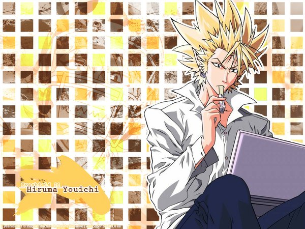 Anime picture 1024x768 with eyeshield 21 production i.g hiruma youichi chains of freedom short hair blonde hair pointy ears inscription piercing mouth hold boy earrings shirt laptop