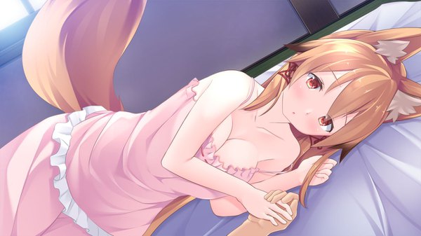 Anime picture 1280x720 with tenkiame kon (tenkiame) haik long hair looking at viewer blush fringe breasts light erotic blonde hair red eyes wide image large breasts bare shoulders animal ears payot game cg tail lying animal tail