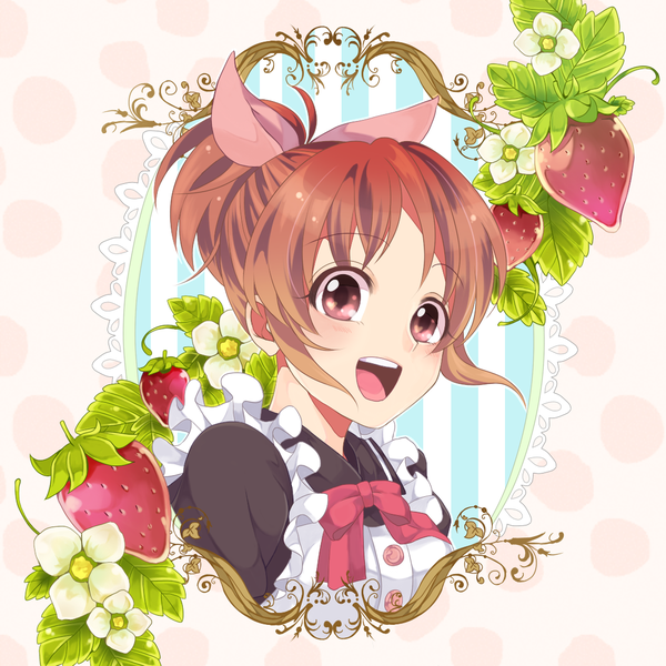 Anime picture 1100x1100 with idolmaster idolmaster cinderella girls abe nana imozawa single blush short hair open mouth red eyes brown hair girl dress flower (flowers) bow hair bow food berry (berries) strawberry