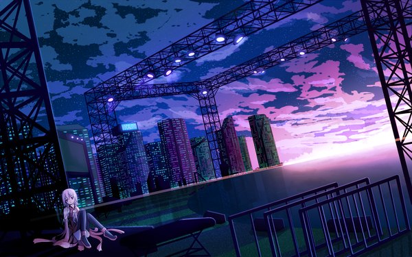 Anime picture 1600x1000 with guilty crown production i.g yuzuriha inori single long hair red eyes wide image sitting bare shoulders pink hair cloud (clouds) night sky city evening sunset scenic girl thighhighs black thighhighs building (buildings)