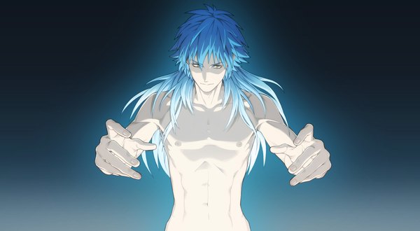 Anime picture 2032x1118 with dramatical murder nitro+chiral aoba (dmmd) single long hair looking at viewer fringe highres light erotic simple background wide image bare shoulders yellow eyes blue hair game cg scan bare belly muscle boy