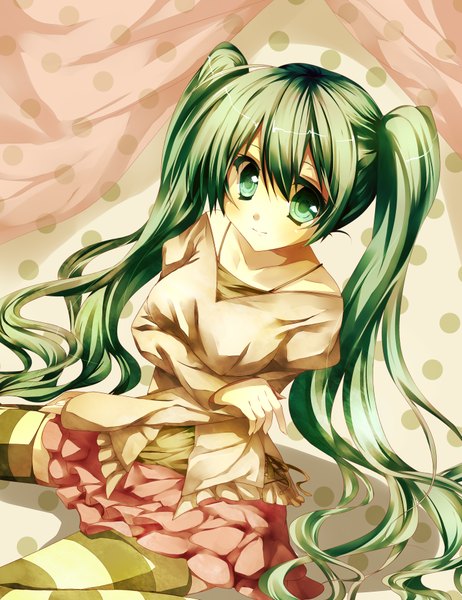Anime picture 2850x3700 with vocaloid hatsune miku jebura single long hair tall image highres twintails green eyes green hair girl thighhighs skirt miniskirt striped thighhighs