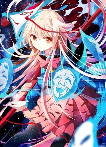 Anime picture 2251x3125 with touhou hata no kokoro fumiko (miruyuana) single long hair tall image looking at viewer highres blonde hair red eyes glowing mask on head girl dress bow mask