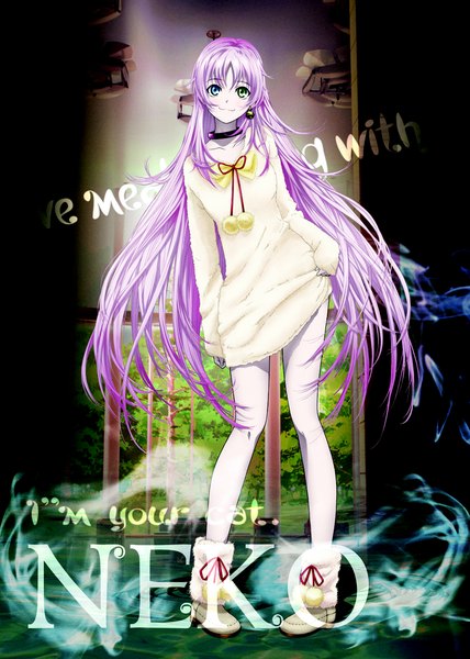 Anime picture 1000x1400 with k-project gohands (studio) neko (k project) long hair tall image blue eyes smile green eyes purple hair heterochromia pale skin girl tree (trees) boots bell sweater collar forest