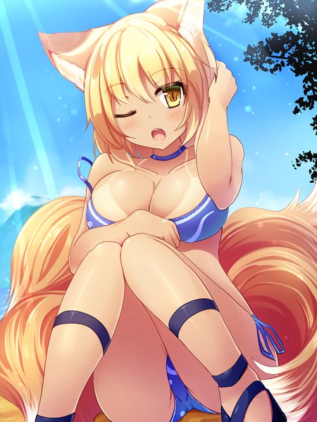 Anime picture 900x1200 with touhou yakumo ran liya single tall image blush short hair breasts open mouth light erotic blonde hair large breasts sitting bare shoulders animal ears sky bent knee (knees) ass tail animal tail