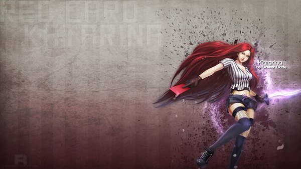 Anime picture 1920x1080 with league of legends katarina (league of legends) xrazerxd single long hair highres wide image red hair midriff grey eyes wallpaper scar girl thighhighs gloves weapon black thighhighs shoes shorts fishnet stockings