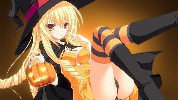 Anime picture 1920x1080 with 77 koshimizu rin mikagami mamizu single long hair blush fringe highres light erotic blonde hair hair between eyes wide image yellow eyes drill hair halloween girl thighhighs dress underwear panties