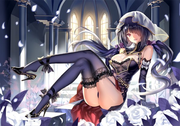 Anime picture 905x639 with date a live tokisaki kurumi miyazaki byou single long hair looking at viewer fringe breasts open mouth light erotic black hair smile red eyes large breasts sitting twintails hair over one eye crossed legs low twintails girl