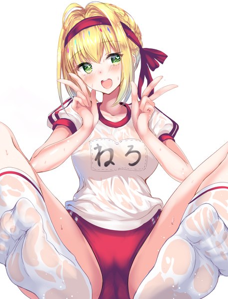 Anime picture 914x1200 with fate (series) fate/grand order fate/extra nero claudius (fate) (all) nero claudius (fate) ponytail korosuke single tall image looking at viewer blush fringe short hair open mouth light erotic blonde hair simple background hair between eyes white background green eyes ahoge