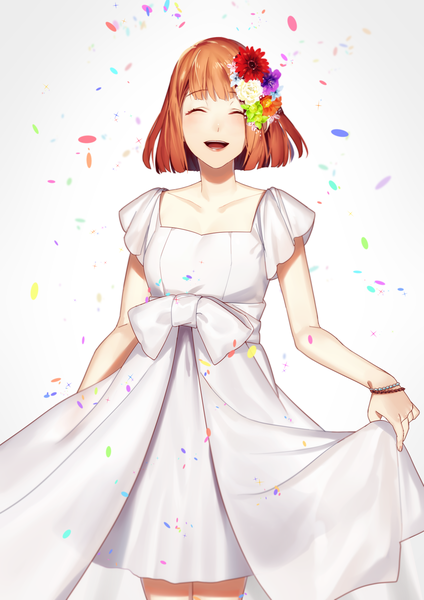 Anime picture 1280x1810 with uta no prince-sama a-1 pictures nanami haruka (uta no prince-sama) haruno ake single tall image blush short hair open mouth simple background smile white background holding eyes closed hair flower orange hair sleeveless happy girl dress