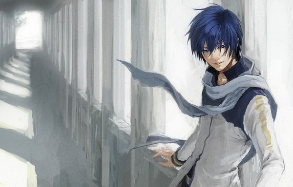 Anime picture 1000x640 with vocaloid kaito (vocaloid) yamakawa umi single fringe short hair blue eyes smile hair between eyes blue hair looking away parted lips wind boy window scarf