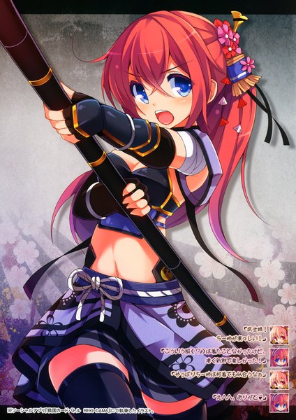 Anime picture 2119x3000 with original chiriko (atlanta) chiri (atlanta) single long hair tall image blush highres open mouth blue eyes ponytail red hair scan girl thighhighs skirt hair ornament weapon black thighhighs miniskirt