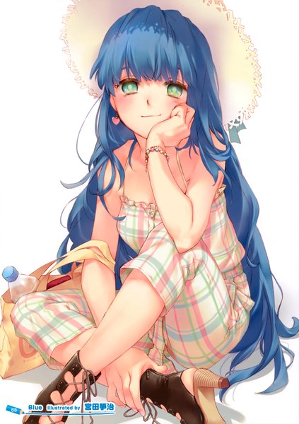 Anime picture 2466x3500 with original miyata souji (artist) single long hair tall image looking at viewer blush highres simple background white background sitting green eyes blue hair girl hat earrings boots bracelet bag sundress