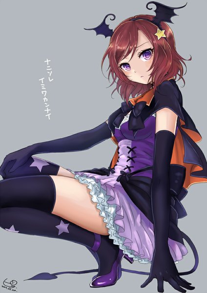 Anime picture 700x990 with love live! school idol project sunrise (studio) love live! nishikino maki pisuke single tall image looking at viewer blush short hair simple background purple eyes red hair tail grey background high heels squat demon tail girl thighhighs