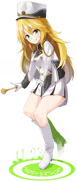 Anime picture 1693x4000 with idolmaster hoshii miki kurokin single long hair tall image looking at viewer blush blonde hair green eyes :q girl skirt gloves uniform boots white gloves tongue staff shako cap