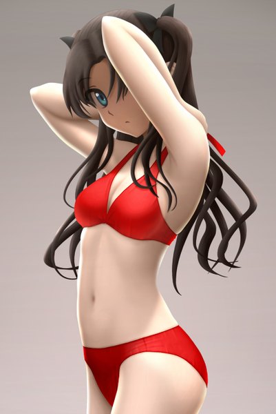 Anime picture 870x1300 with fate (series) fate/stay night studio deen type-moon toosaka rin siraha single long hair tall image looking at viewer blue eyes light erotic simple background brown hair twintails bare belly underwear only girl navel underwear