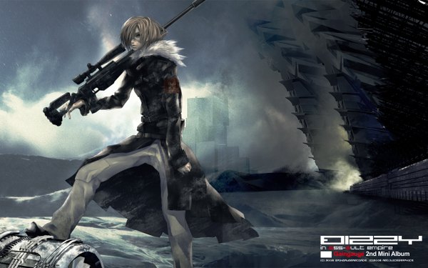 Anime picture 1280x800 with original redjuice single fringe short hair blonde hair wide image hair over one eye weapon over shoulder boy weapon gun fur rifle