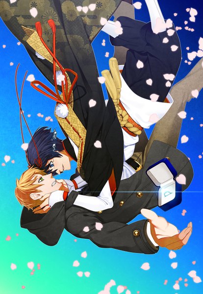 Anime picture 1000x1449 with axis powers hetalia studio deen united kingdom (hetalia) japan (hetalia) tagme (artist) tall image short hair blue eyes simple background blonde hair smile green eyes blue hair traditional clothes profile open clothes open jacket multiple boys couple hug