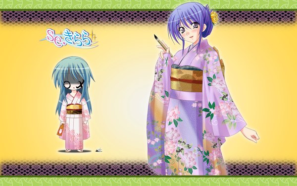 Anime picture 1920x1200 with se.kirara akiyama nozomi shizuno izumi blush highres simple background wide image purple eyes multiple girls blue hair purple hair japanese clothes hair flower chibi face paint no eyes girl hair ornament 2 girls yukata