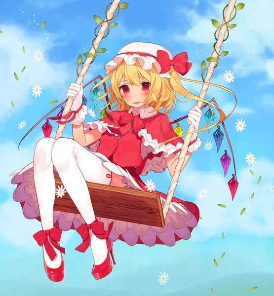 Anime picture 2486x2687 with touhou flandre scarlet kitada mo single tall image looking at viewer blush highres short hair open mouth blonde hair smile red eyes high heels one side up girl thighhighs skirt gloves flower (flowers)