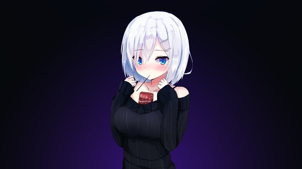 Anime-Bild 3840x2160 mit kantai collection hamakaze destroyer assassinwarrior pinoaisu single looking at viewer blush fringe highres short hair breasts blue eyes simple background hair between eyes wide image large breasts bare shoulders signed absurdres silver hair
