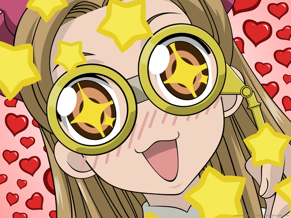 Anime picture 1600x1200 with ouran high school host club studio bones houshakuji renge single long hair blush open mouth fingernails symbol-shaped pupils happy close-up vector :3 + + girl glasses heart star (symbol)