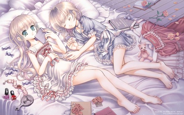 Anime picture 1680x1050 with plastic moon long hair blonde hair wide image multiple girls lying eyes closed barefoot aqua eyes loli sleeping girl dress flower (flowers) bow ribbon (ribbons) 2 girls petals food white dress