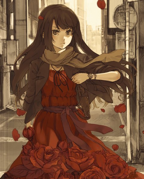 Anime picture 2038x2532 with original cosmic (crownclowncosmic) single long hair tall image blush highres brown hair brown eyes wind open clothes open jacket city cityscape twisty sleeves street girl dress flower (flowers) ribbon (ribbons)