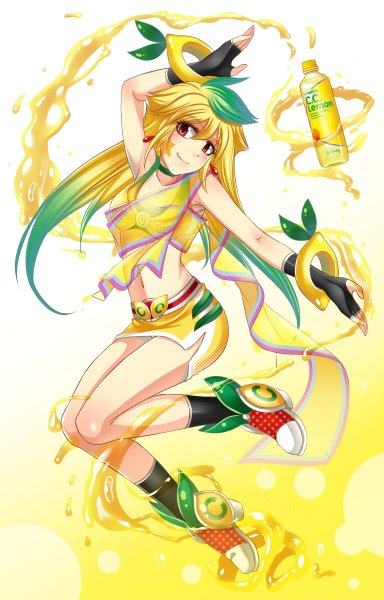 Anime picture 768x1200 with original c.c. lemon c.c. lemon (character) arseniquez single tall image blonde hair smile red eyes white background multicolored hair aqua hair armpit (armpits) midriff gradient background gradient hair yellow background girl gloves navel