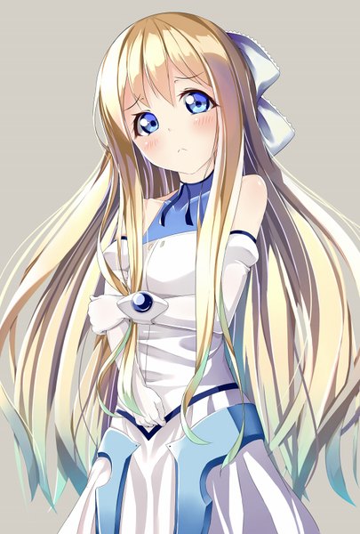 Anime picture 540x800 with rokujouma no shinryakusha!? theiamillis gre fortorthe kasappi single long hair tall image blush fringe breasts blue eyes simple background blonde hair bare shoulders looking away multicolored hair grey background gradient hair breast grab :< girl