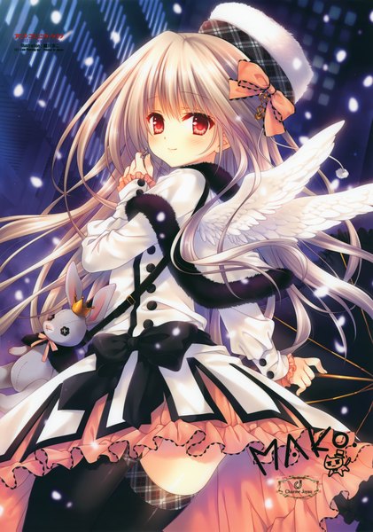 Anime picture 3324x4739 with tatekawa mako single long hair tall image blush highres red eyes absurdres silver hair scan girl thighhighs bow black thighhighs hat wings umbrella toy stuffed animal