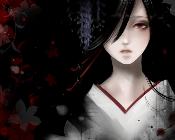 Anime picture 1100x880 with original tagme (character) single long hair looking at viewer fringe black hair red eyes traditional clothes lips hair over one eye pale skin sad girl hair ornament flower (flowers) petals water drop