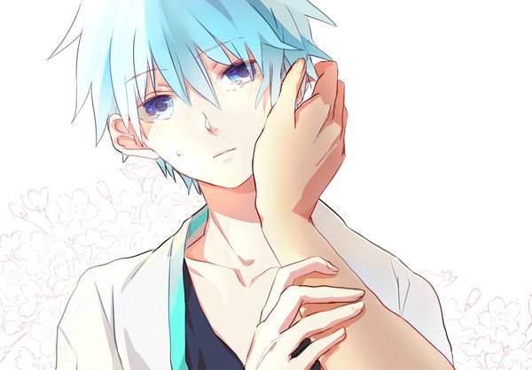 Anime picture 868x605 with kuroko no basket production i.g kuroko tetsuya daenarys looking at viewer blush fringe short hair blue eyes simple background hair between eyes white background blue hair upper body head tilt sweat portrait solo focus sweatdrop floral background